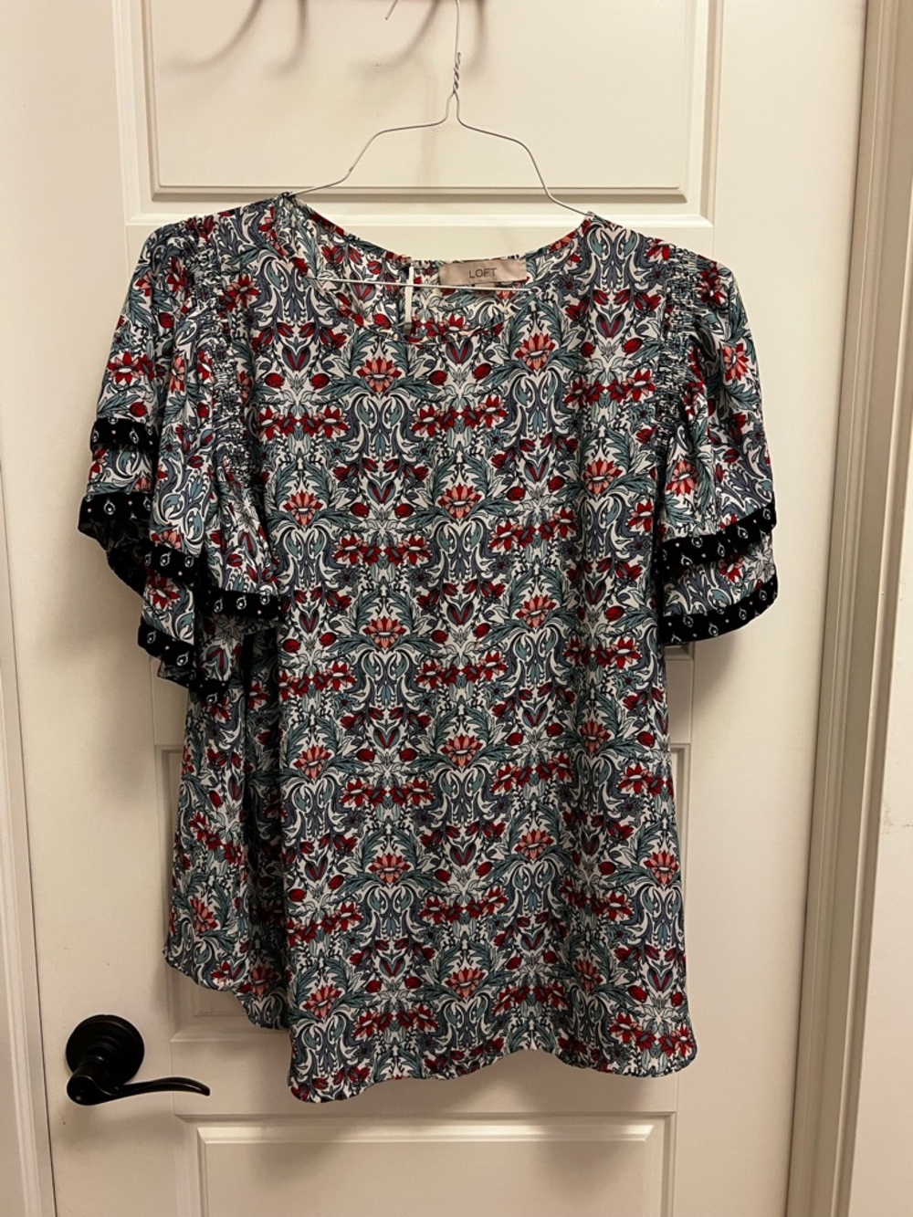 LOFT Red & Teal Floral Flutter Sleeve Blouse - Picture 3 of 7